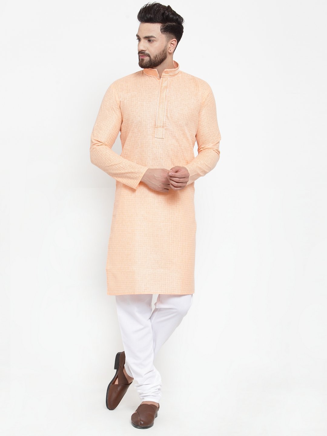 Jompers Men Peach & White Embroidered Kurta Only