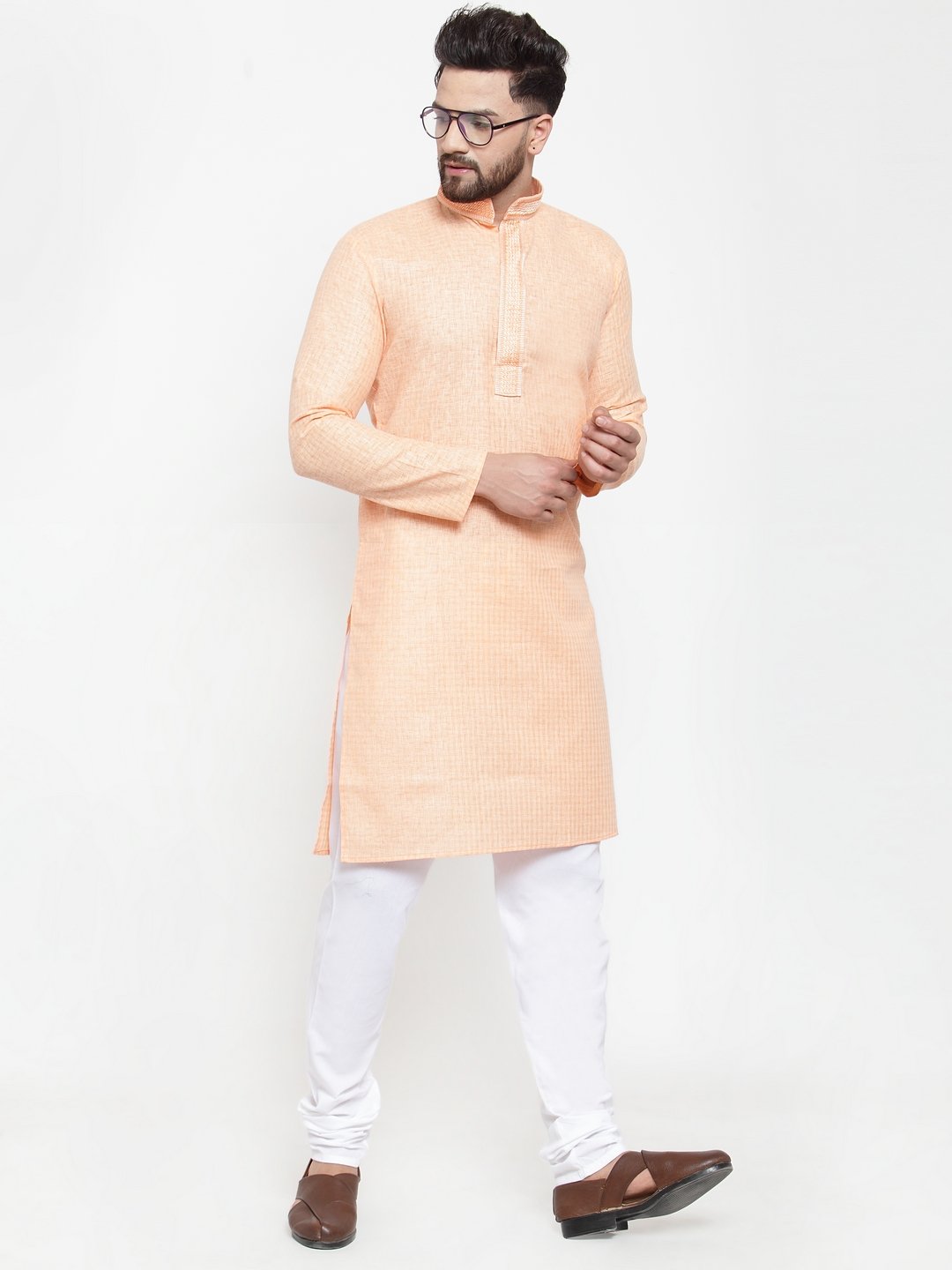 Jompers Men Peach & White Embroidered Kurta with Churidar