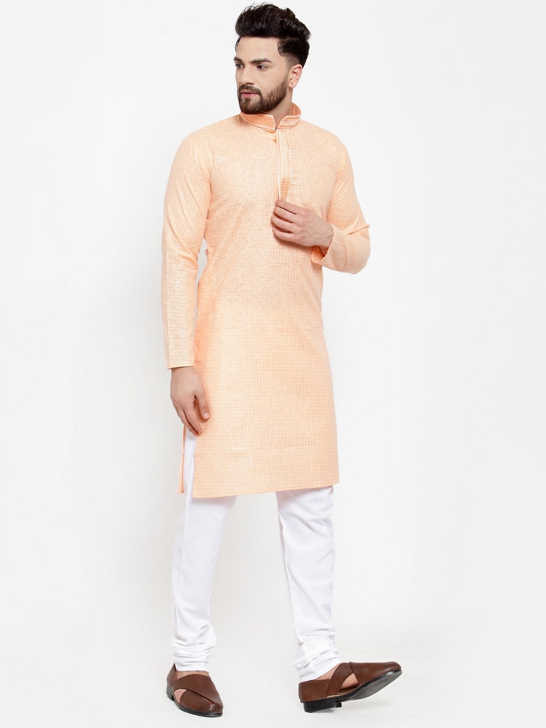 Jompers Men Peach & White Embroidered Kurta with Churidar