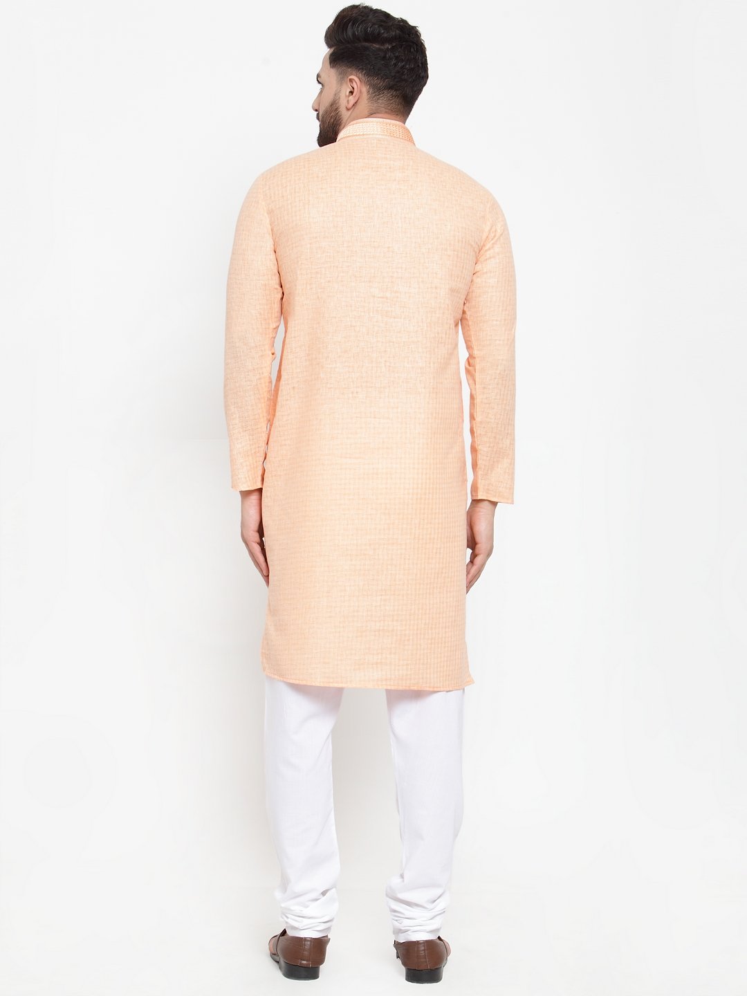 Jompers Men Peach & White Embroidered Kurta with Churidar