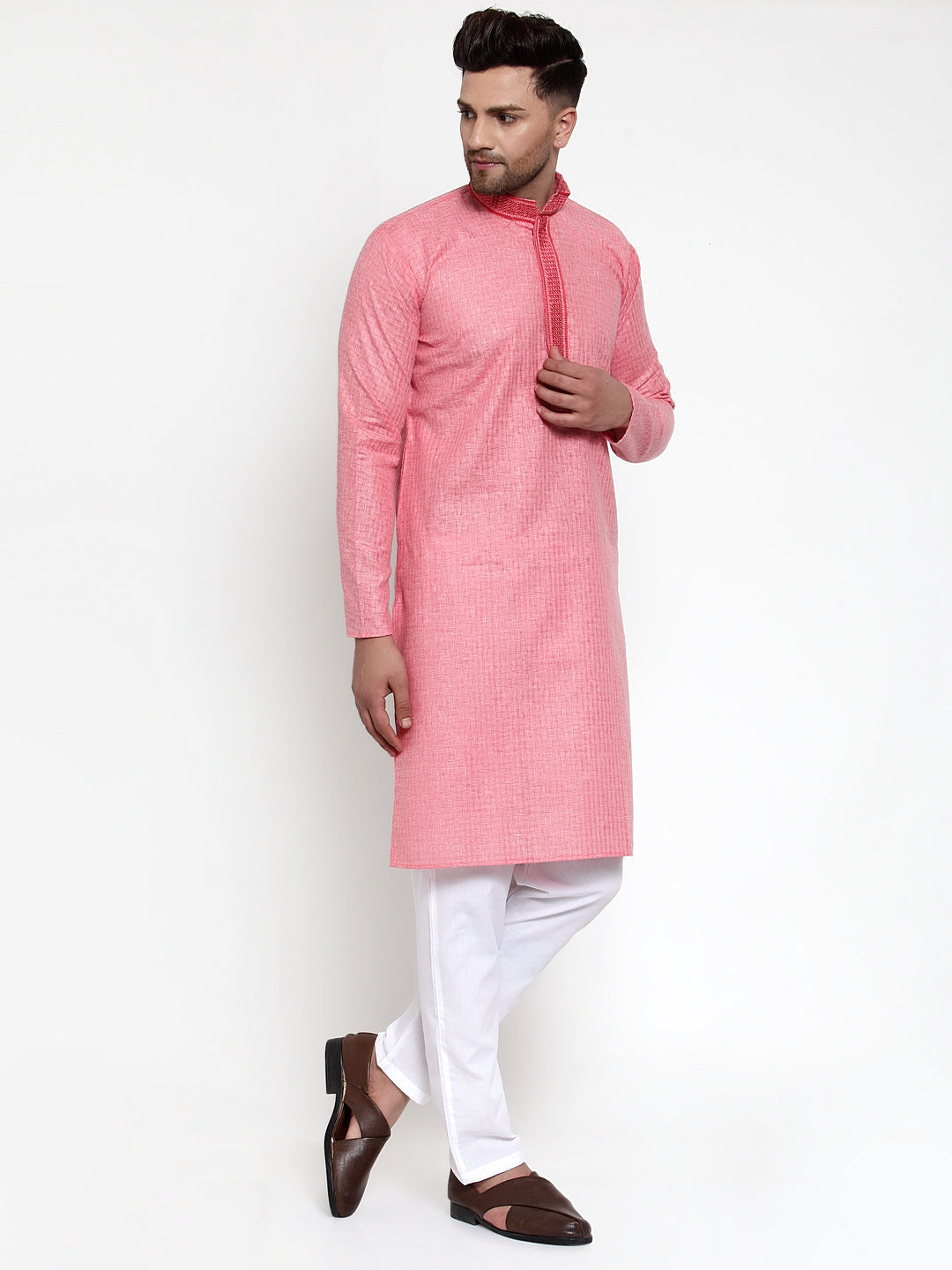 Jompers Men's Beautiful Pink Woven Kurta Only