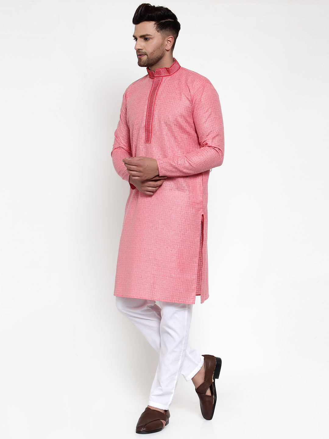 Jompers Men's Beautiful Pink Woven Kurta Only