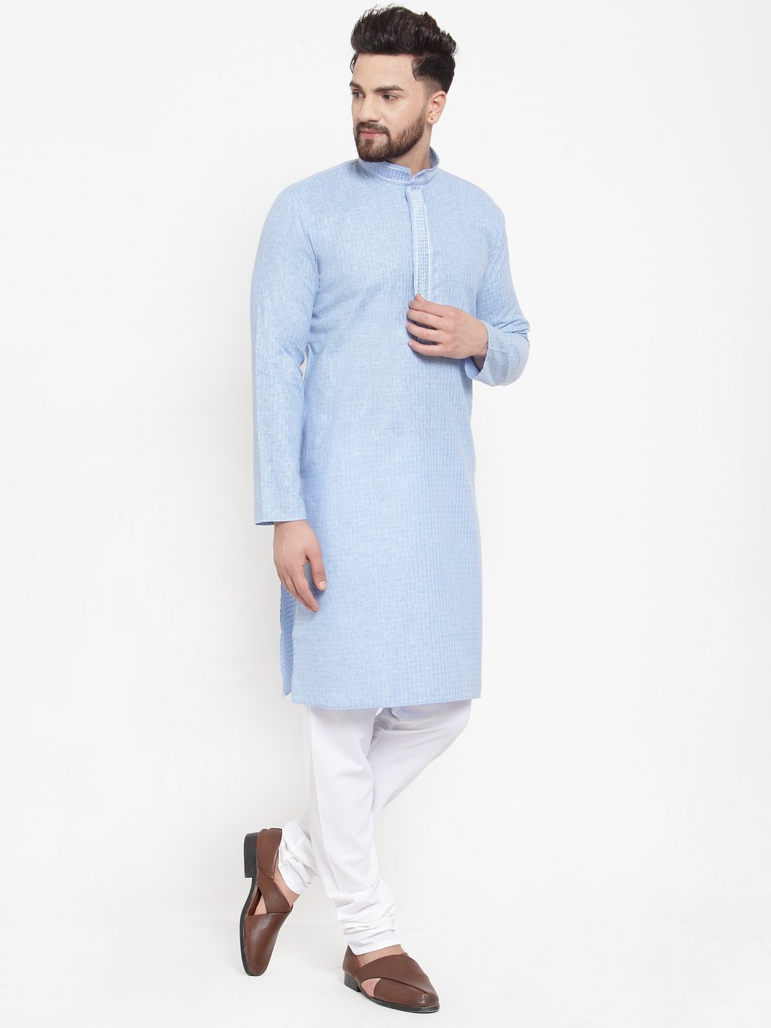 Jompers Men Blue & White Embroidered Kurta with Chudidar