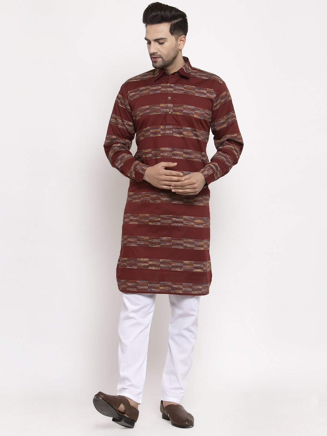 Jompers Men Brown Woven Design Kurta Only