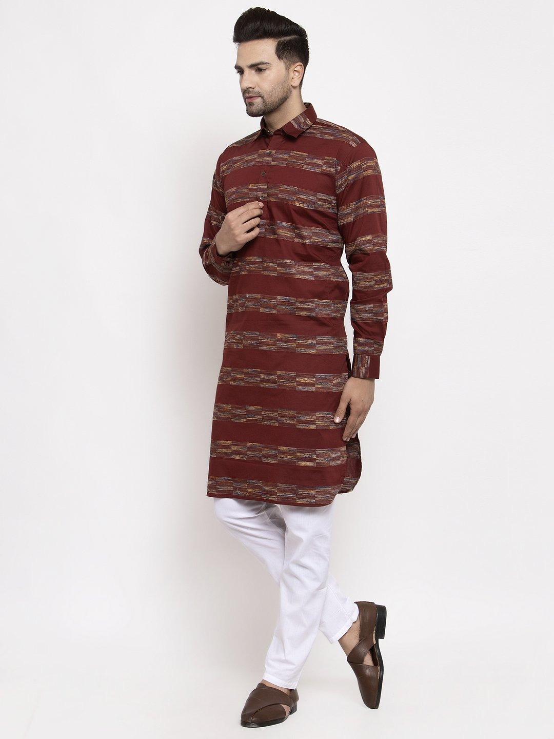 Jompers Men Brown Woven Design Kurta Only