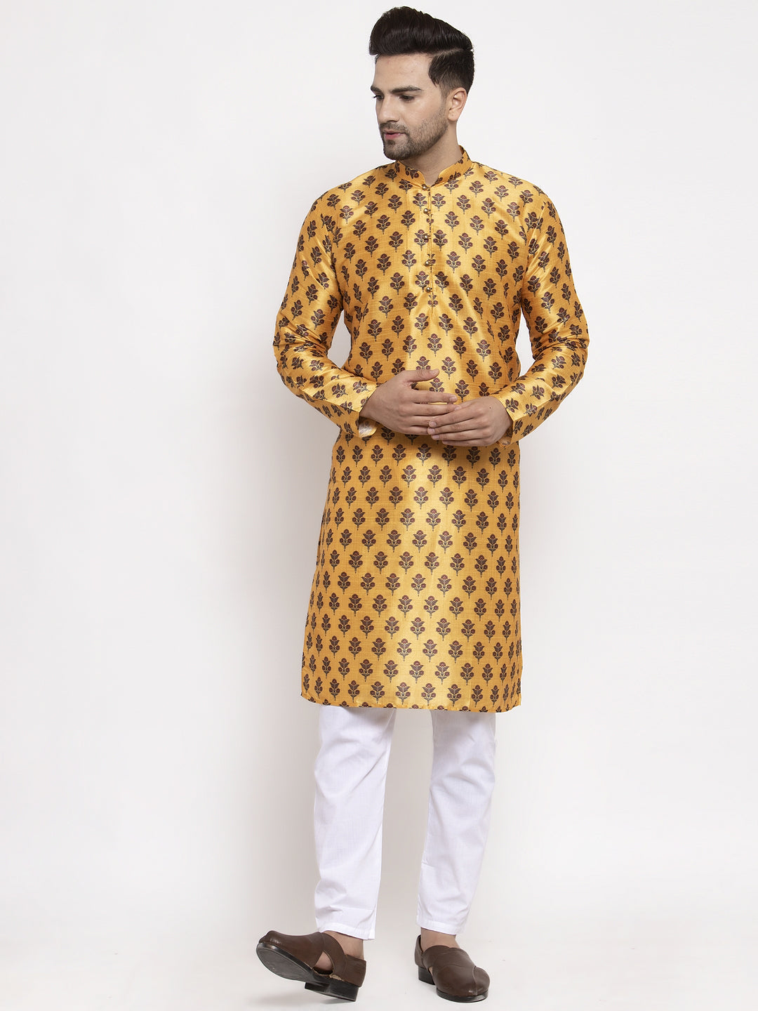 Jompers Men's Yellow Printed Kurta Only