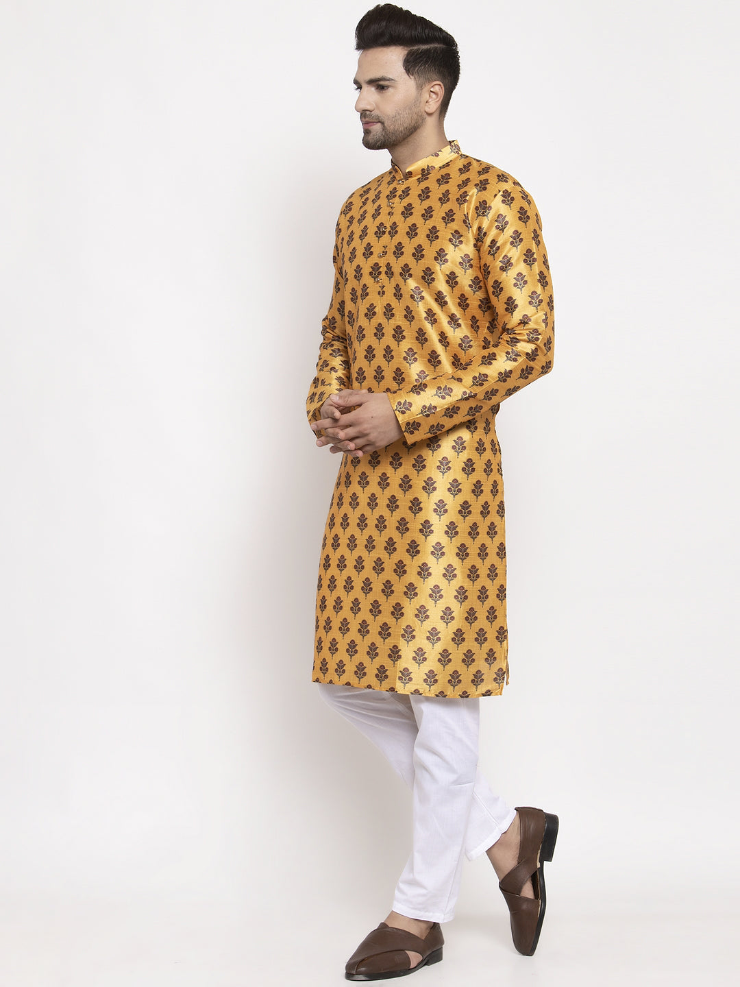Jompers Men's Yellow Printed Kurta Only
