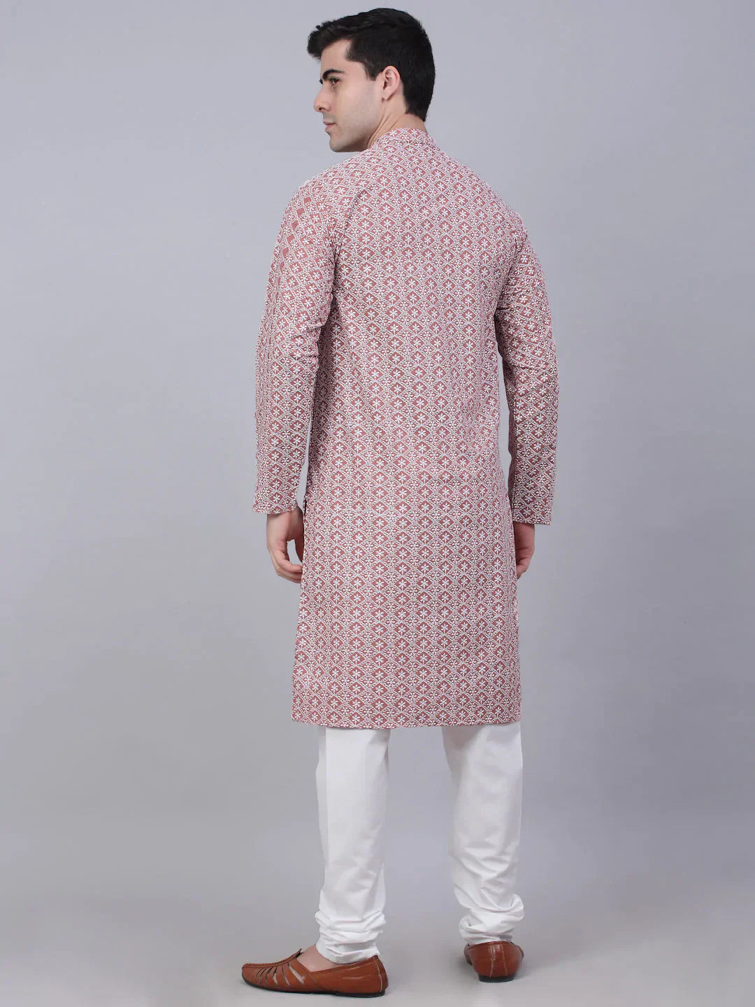 Jompers Men's Coral Red & White Embroidered Straight Kurta Pyjama Set
