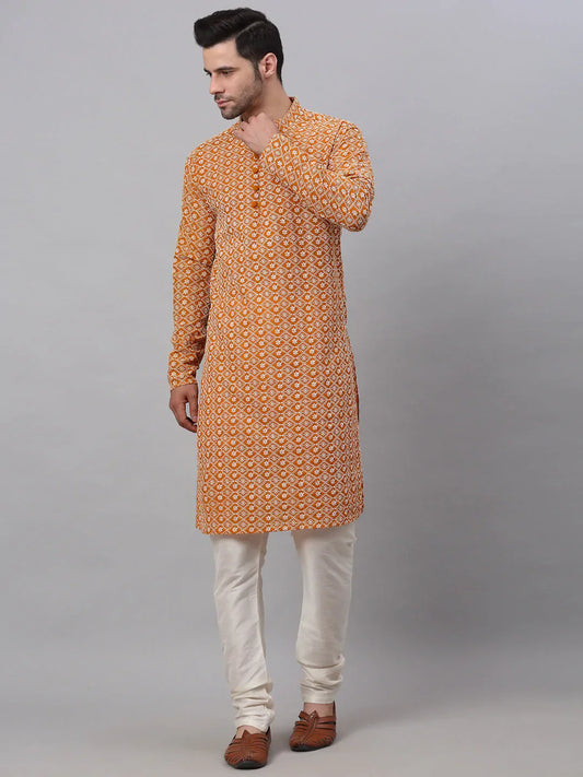 Jompers Men's Mustard & White Embroidered Straight Kurta Pyjama Set
