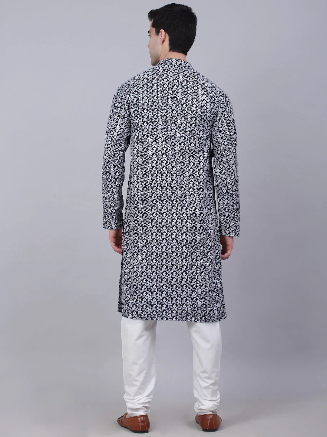 Jompers Men's Navy Blue & White embroidered Straight Kurta Pyjama Set