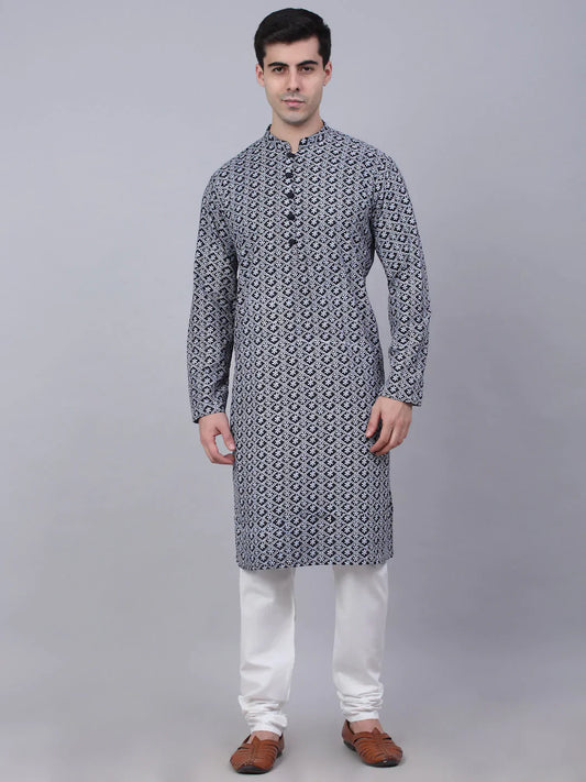 Jompers Men's Navy Blue & White embroidered Straight Kurta Pyjama Set
