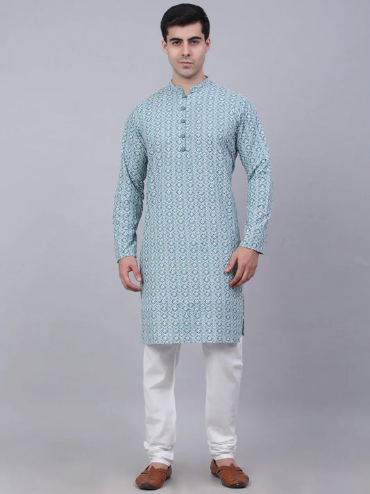 Jompers Men's Teal Blue & White embroidered Straight Kurta Pyjama Set