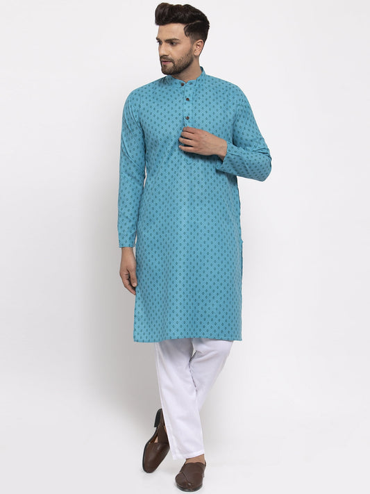 Jompers Men Sky Blue Printed Kurta with Pyjamas