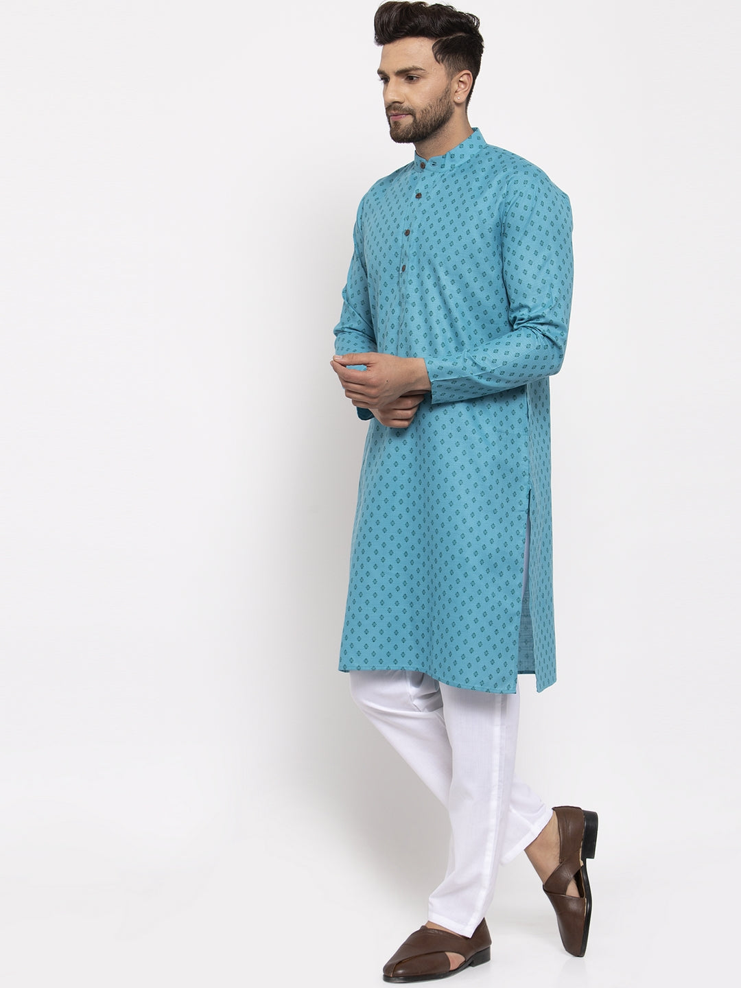Jompers Men Sky Blue Printed Kurta with Pyjamas