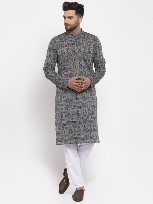 Jompers Men Grey Printed Straight Kurta
