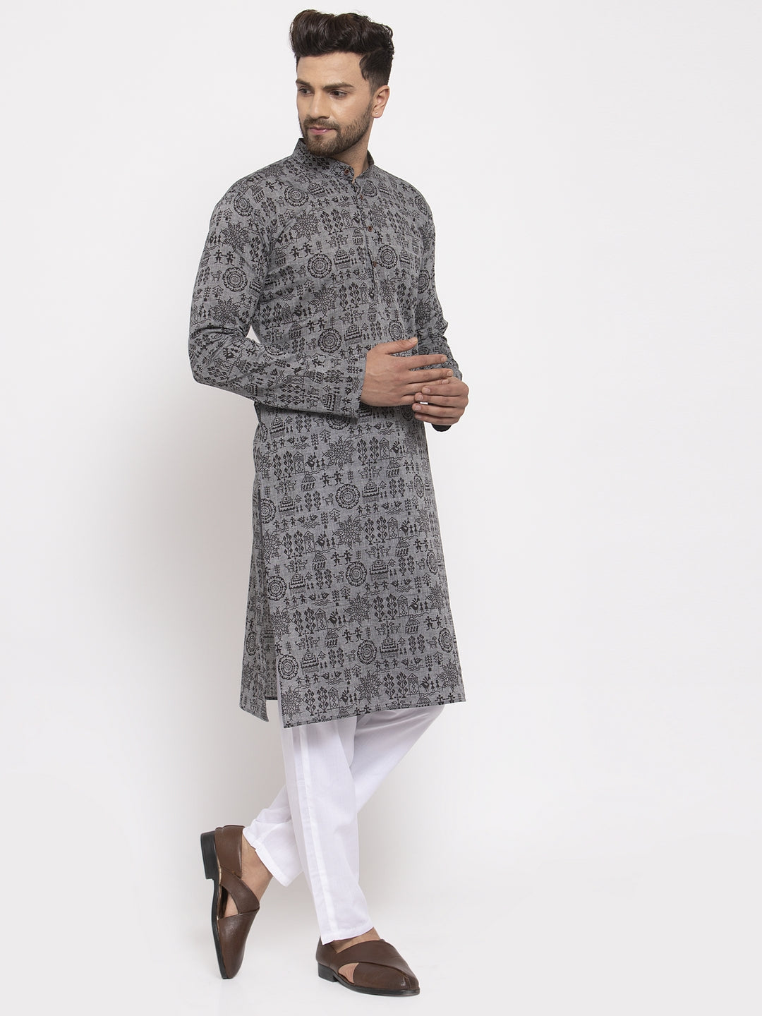 Jompers Men Grey Printed Straight Kurta