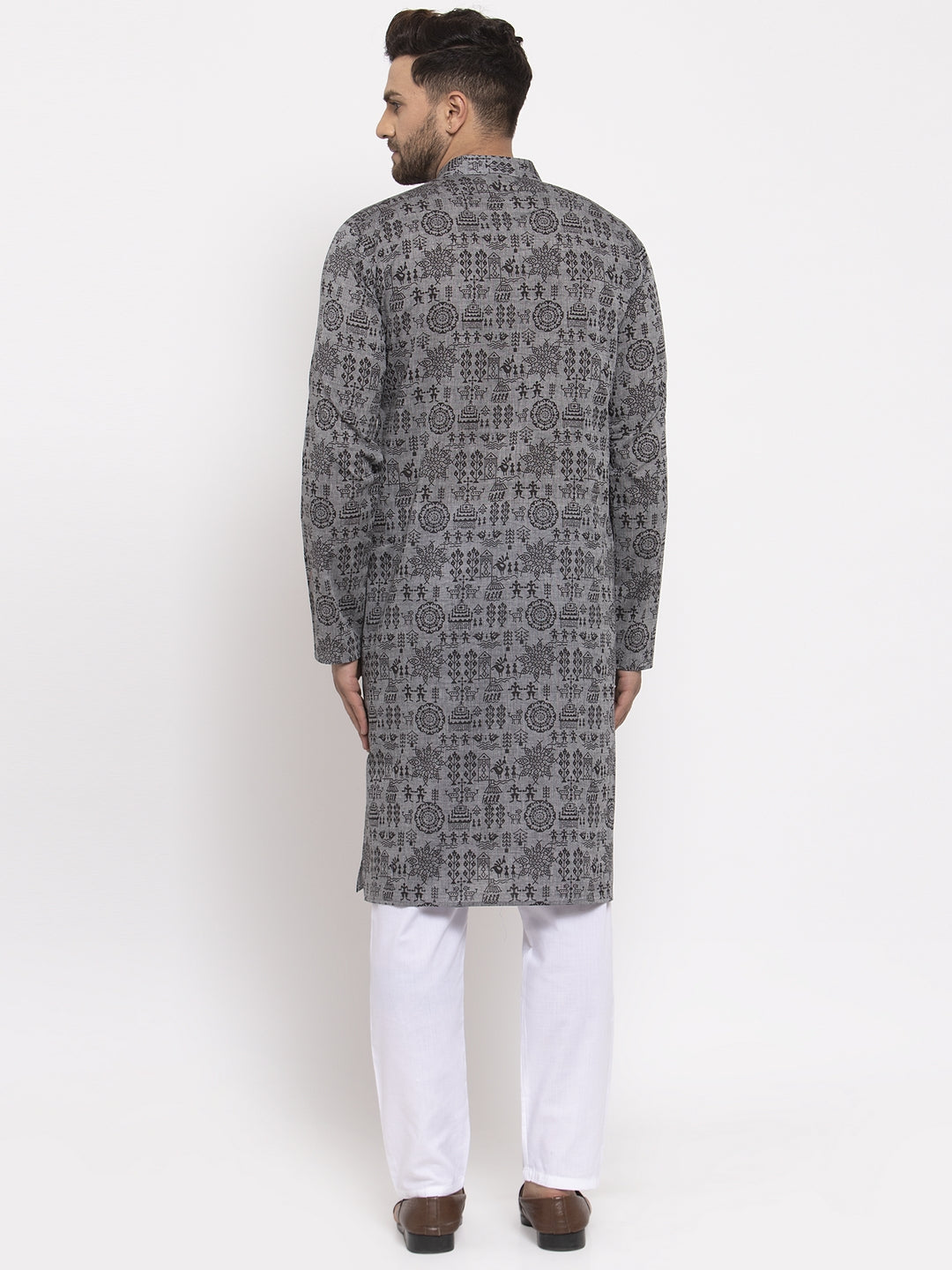 Jompers Men Grey Printed Straight Kurta