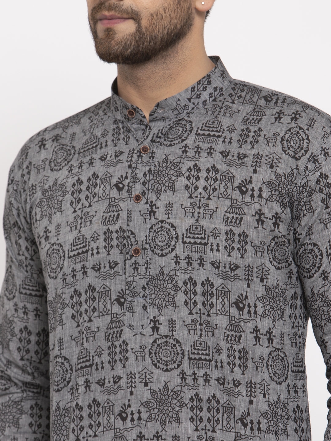 Jompers Men Grey Printed Straight Kurta