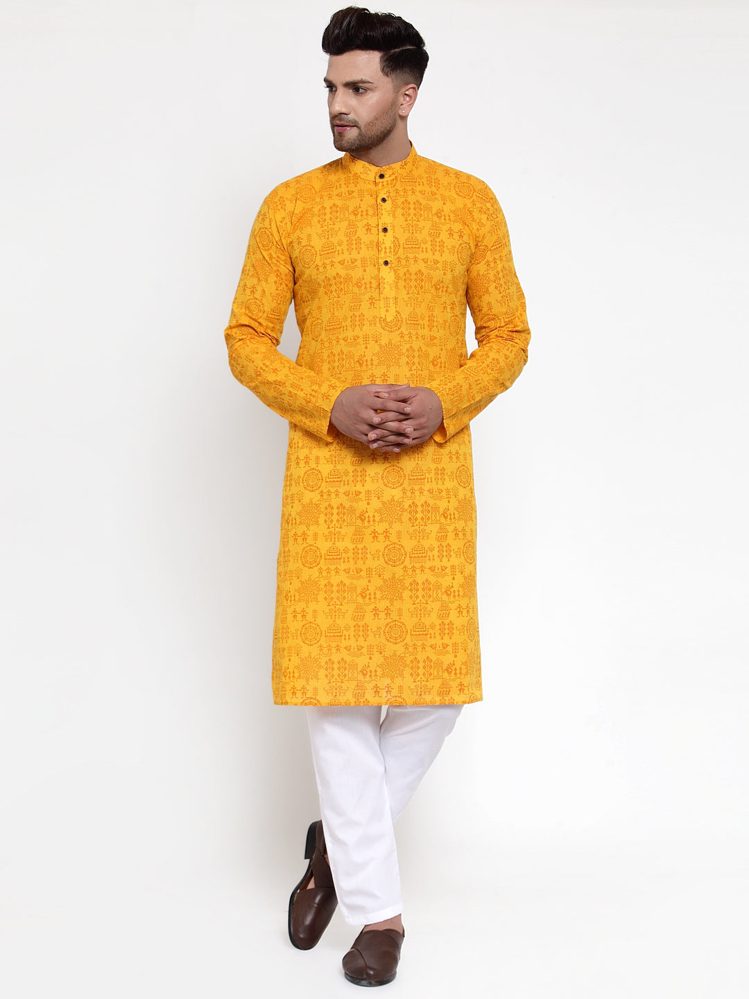 Jompers Men Mustard Printed Straight Kurta
