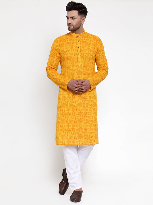 Jompers Men Mustard Printed Straight Kurta