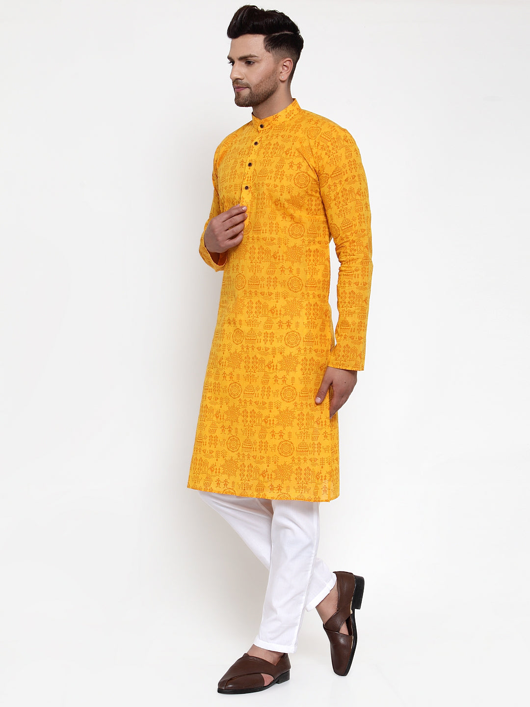 Jompers Men Mustard Printed Straight Kurta