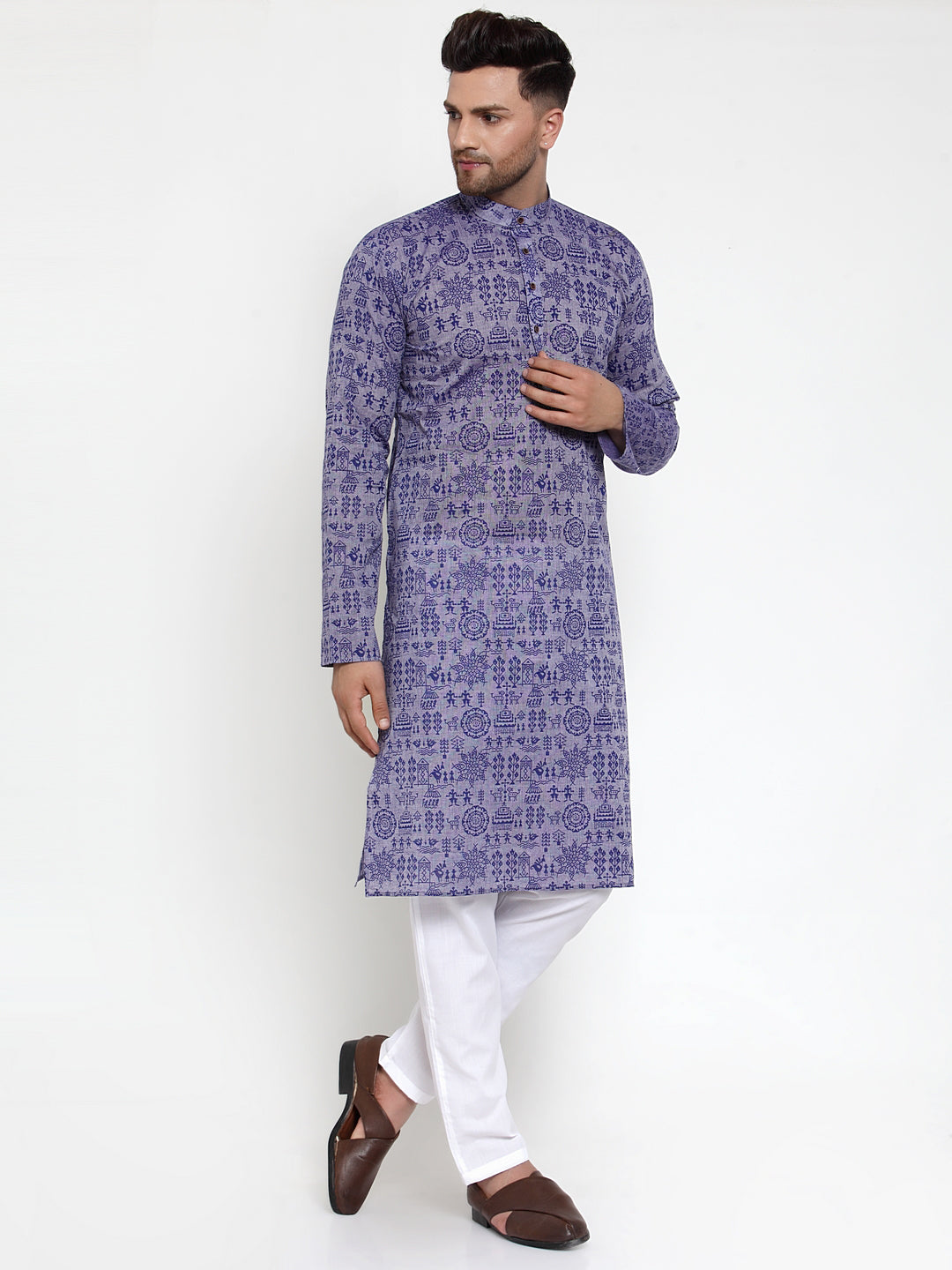 Jompers Men Purple Printed Straight Kurta