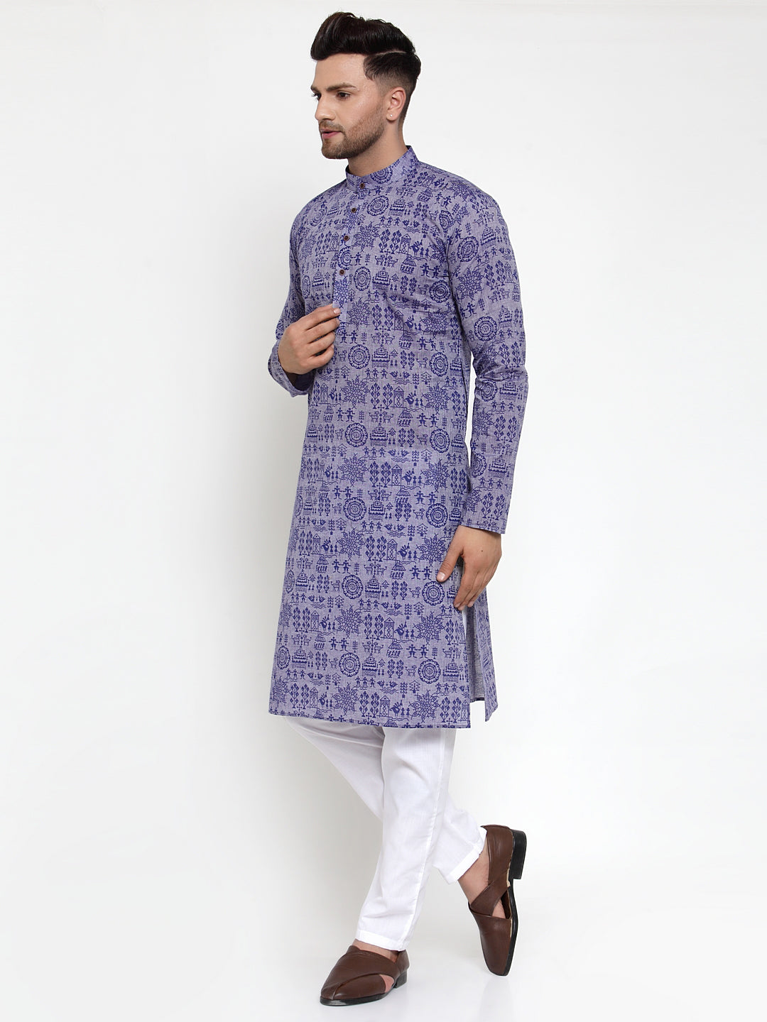 Jompers Men Purple Printed Straight Kurta