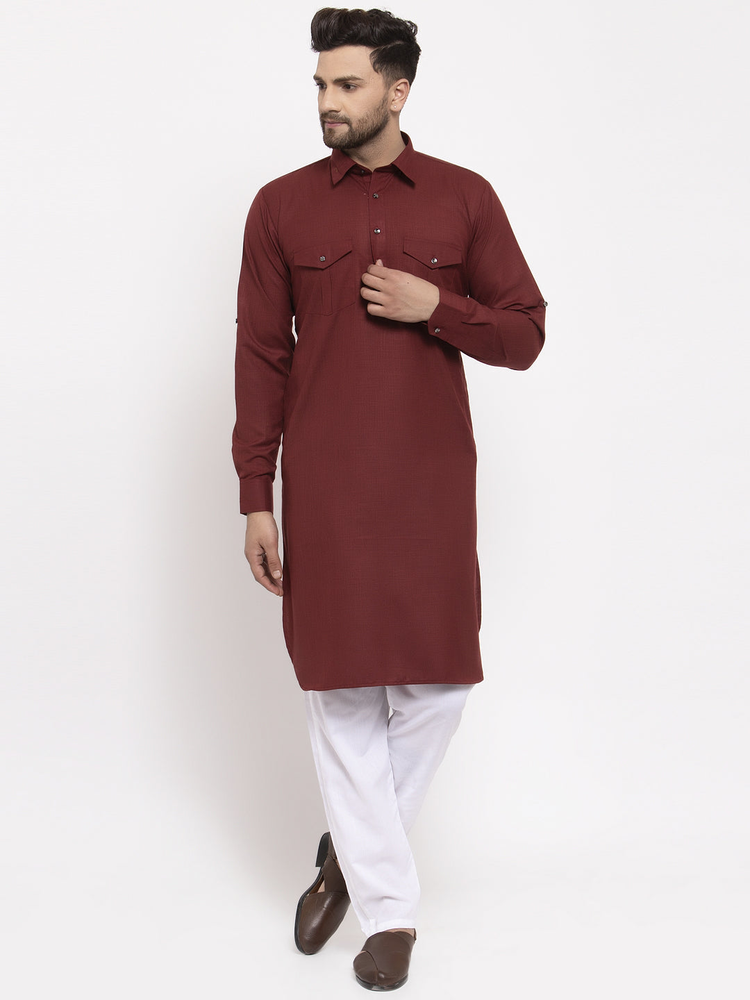 Jompers Men Maroon Solid Kurta with White Pyjamas