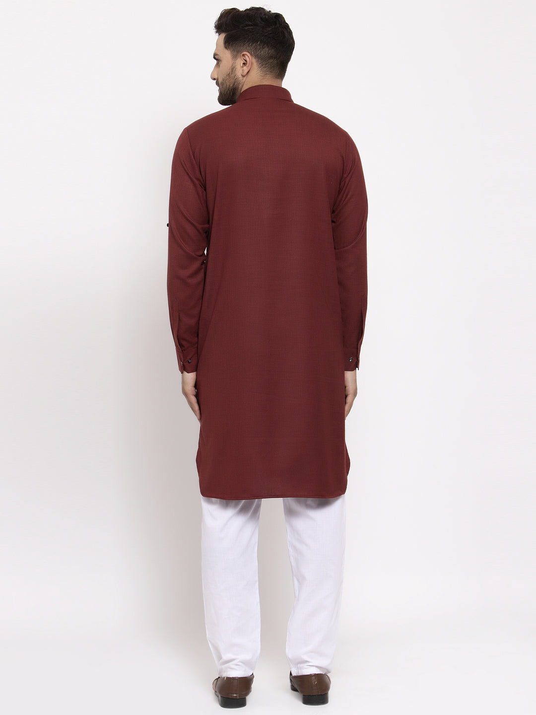Jompers Men Maroon Solid Kurta with White Pyjamas