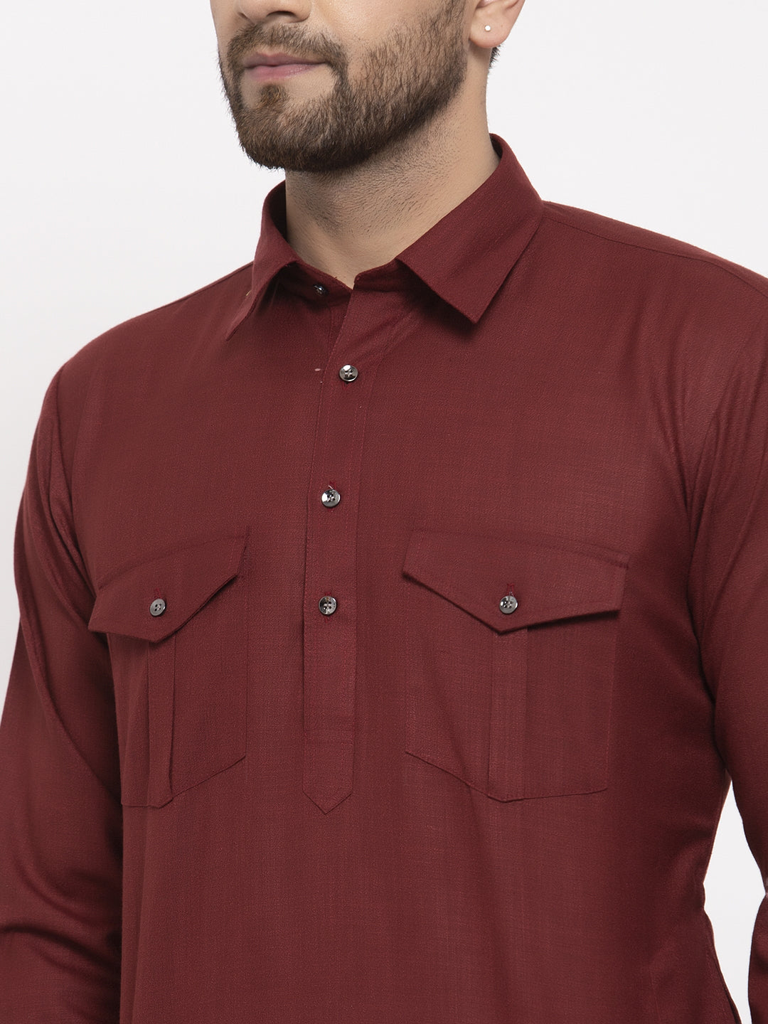 Jompers Men Maroon Solid Kurta with White Pyjamas