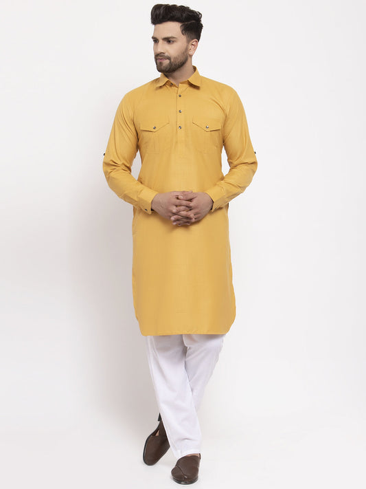 Jompers Men Mustard Solid Kurta with White Pyjamas