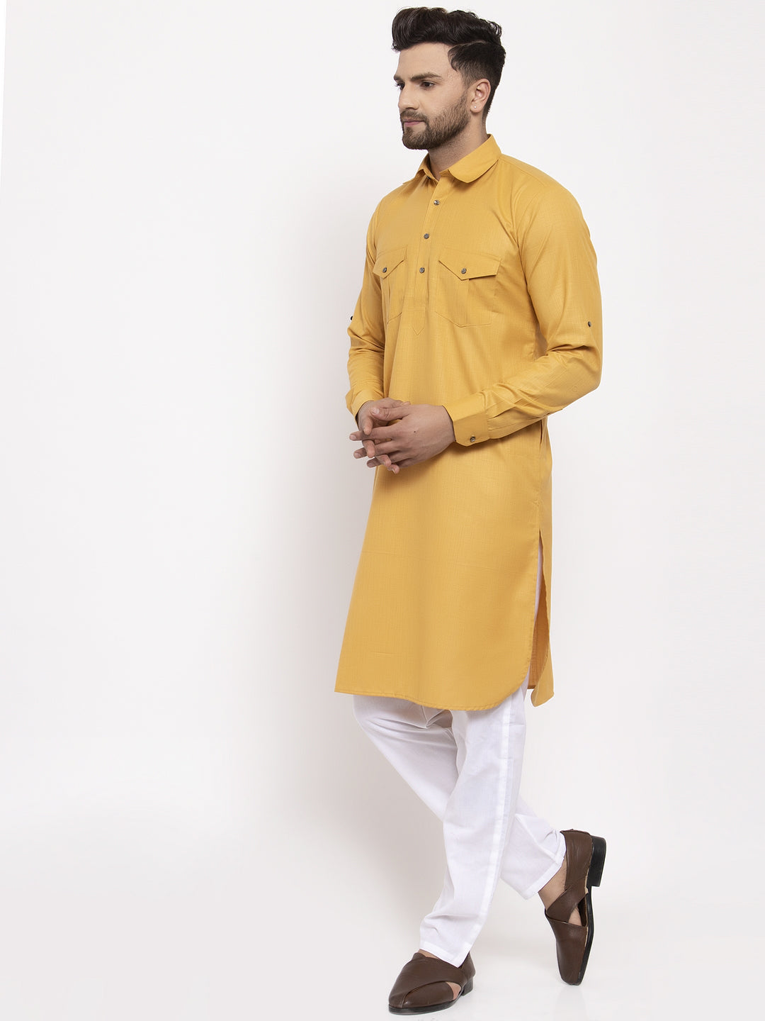 Jompers Men Mustard Solid Kurta with White Pyjamas