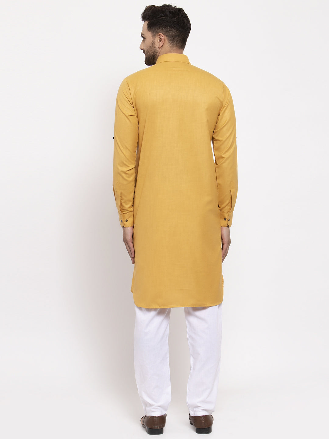 Jompers Men Mustard Solid Kurta with White Pyjamas