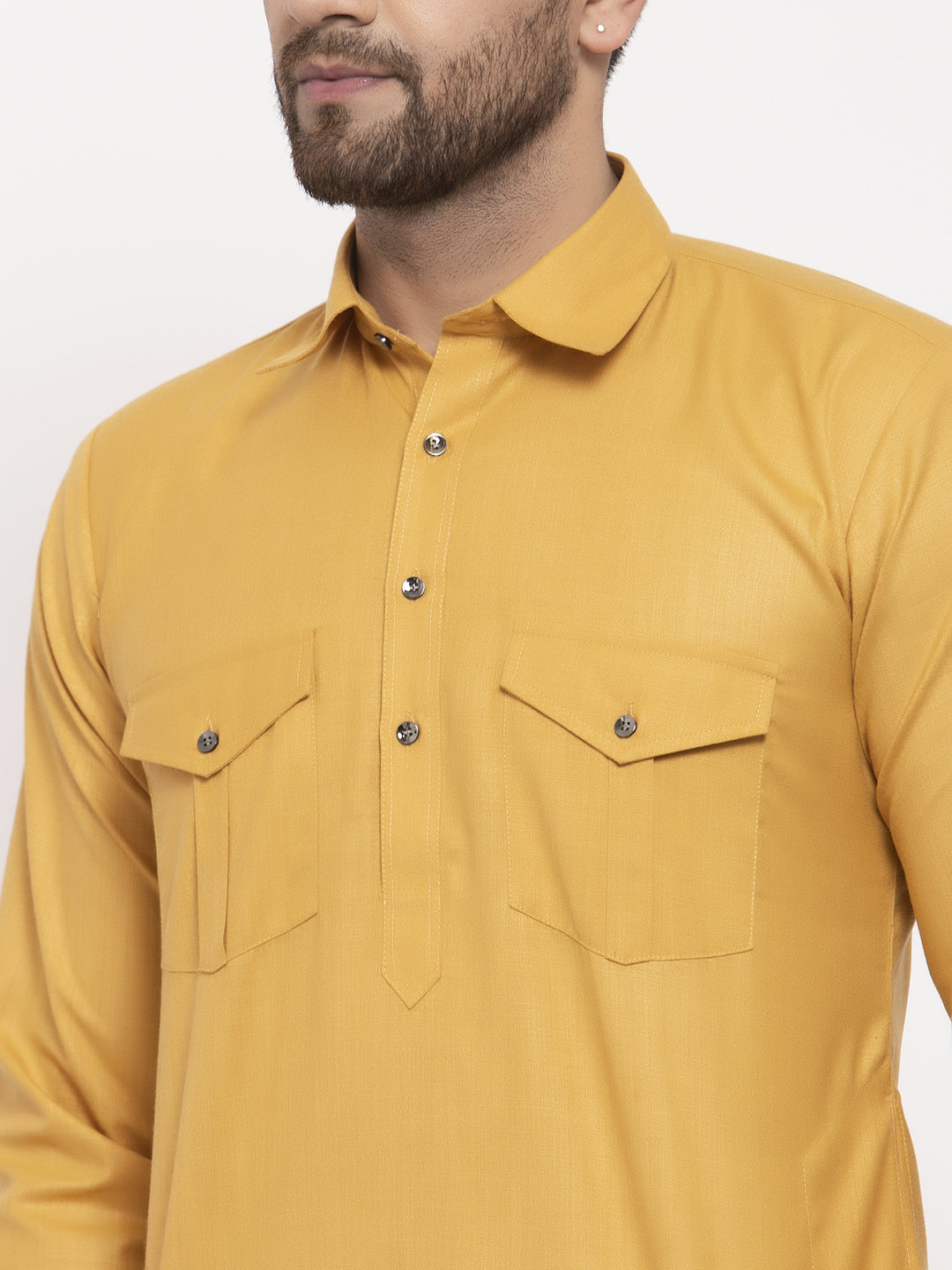 Jompers Men Mustard Solid Kurta with White Pyjamas