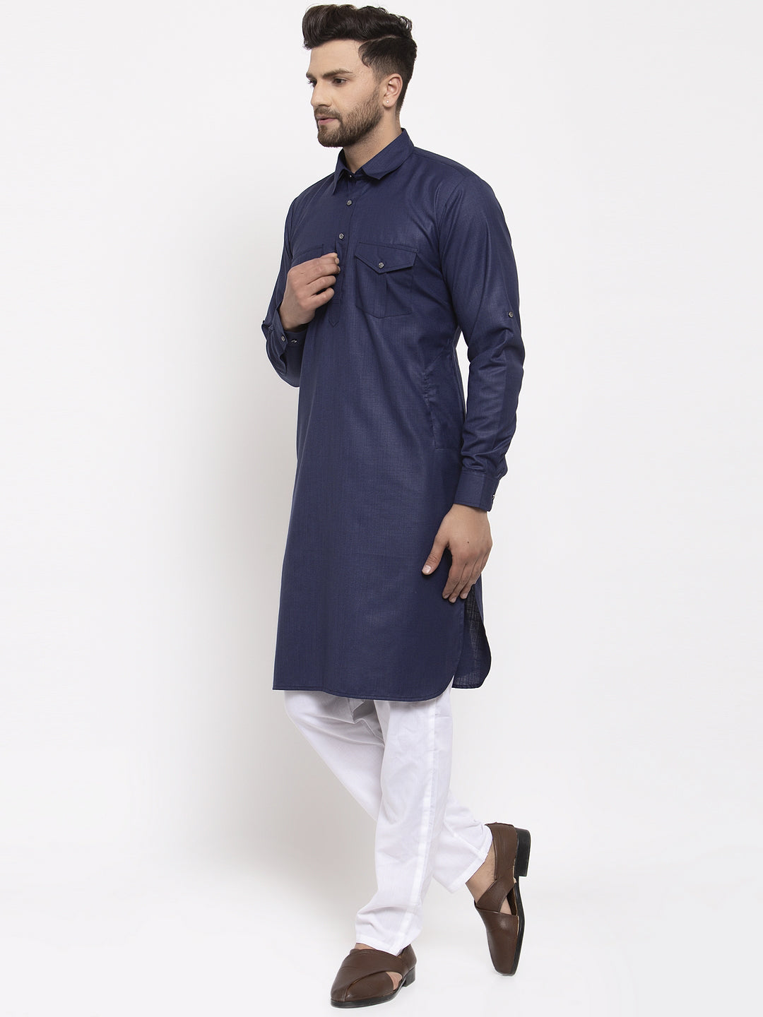 Jompers Men Navy-Blue Solid Kurta with White Pyjamas