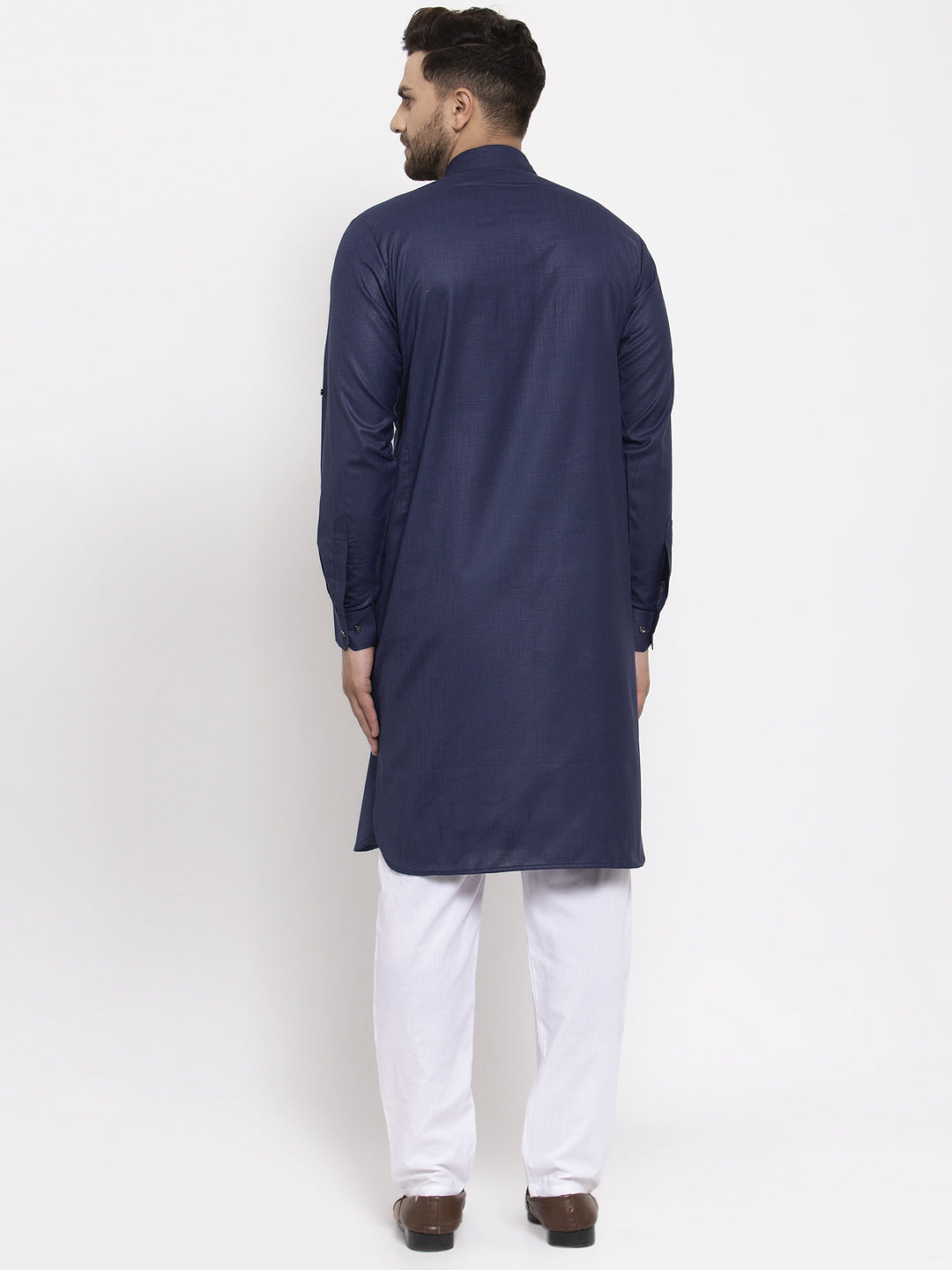 Jompers Men Navy-Blue Solid Kurta with White Pyjamas
