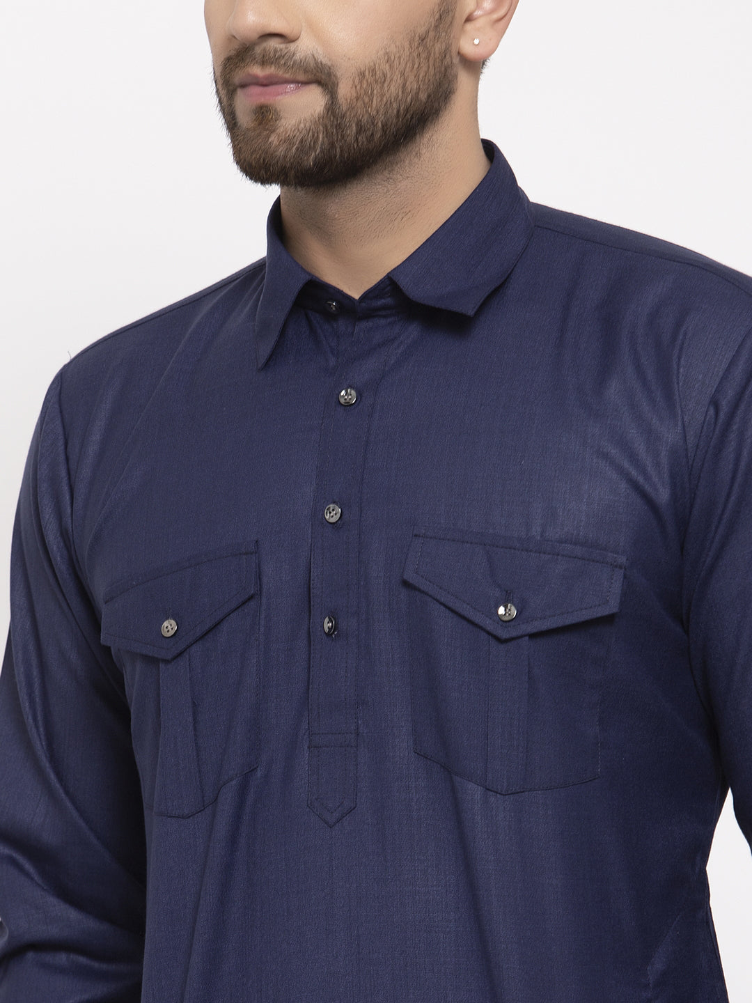 Jompers Men Navy-Blue Solid Kurta with White Pyjamas