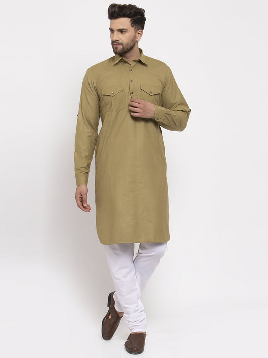 Jompers Men Olive Green Solid Kurta with White Pyjamas