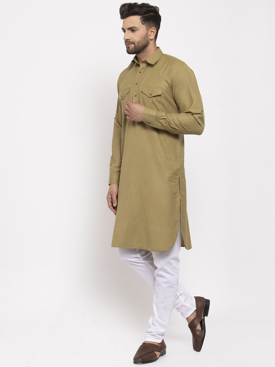 Jompers Men Olive Green Solid Kurta with White Pyjamas