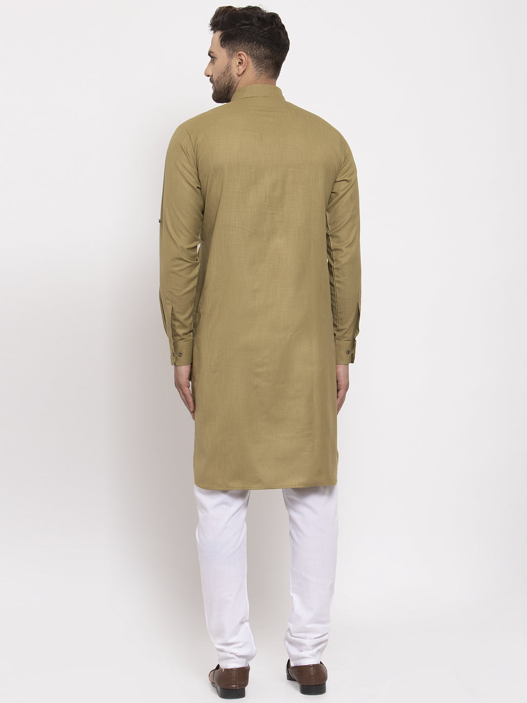 Jompers Men Olive Green Solid Kurta with White Pyjamas