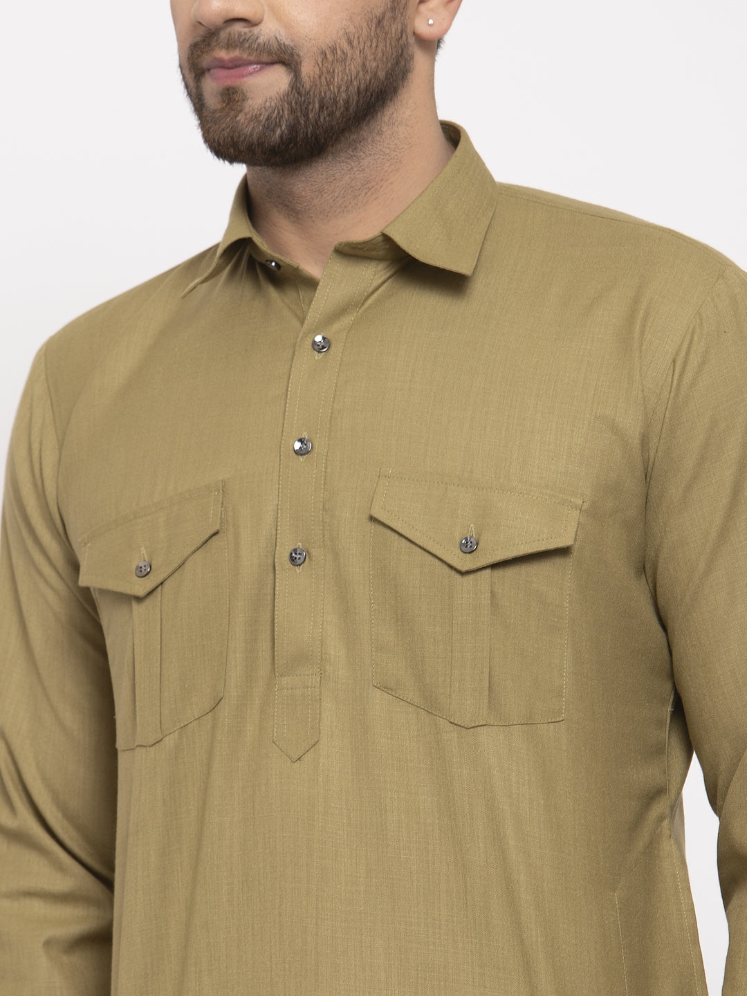 Jompers Men Olive Green Solid Kurta with White Pyjamas