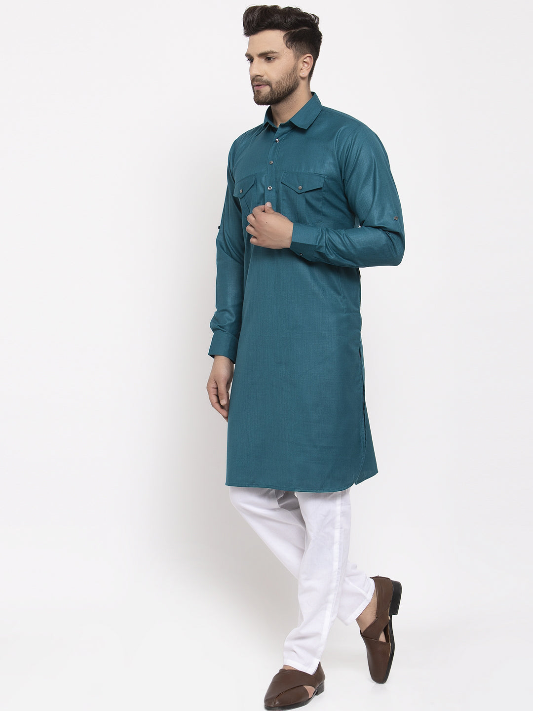 Jompers Men Teal Solid Kurta with White Pyjamas