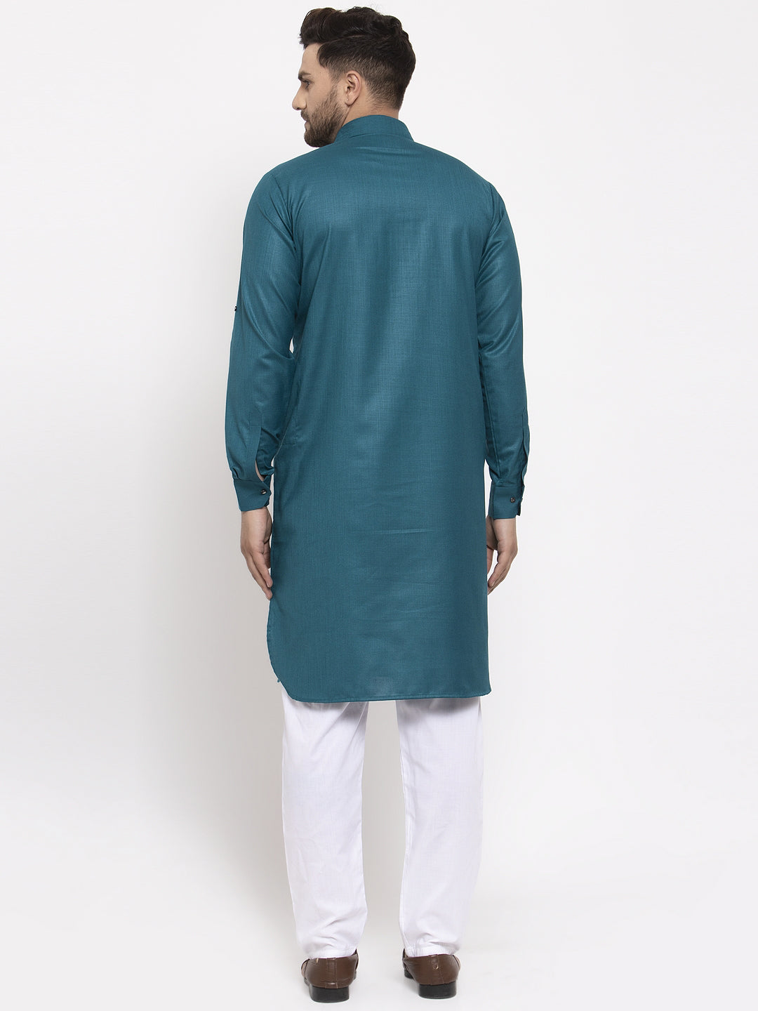 Jompers Men Teal Solid Kurta with White Pyjamas