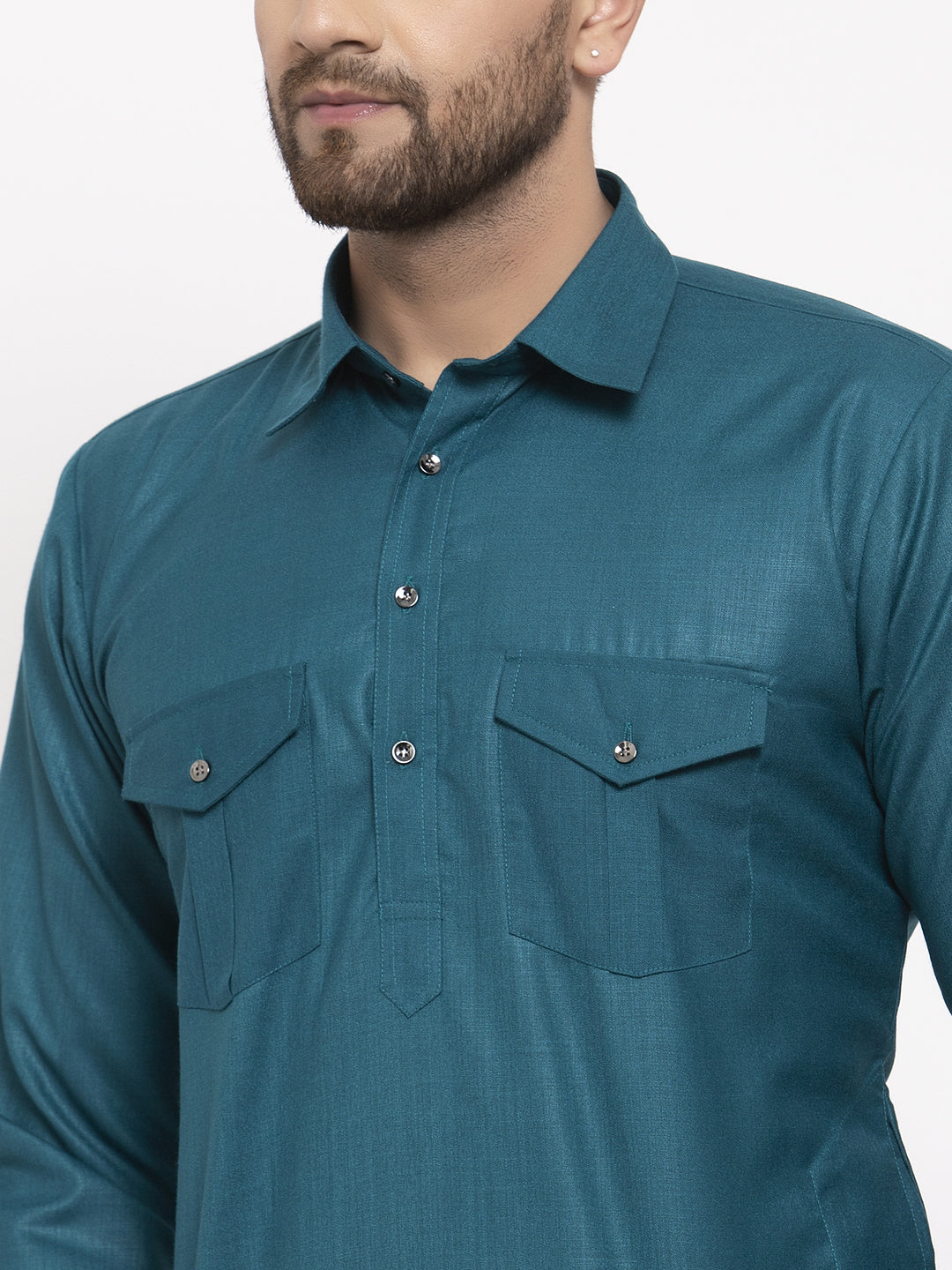 Jompers Men Teal Solid Kurta with White Pyjamas