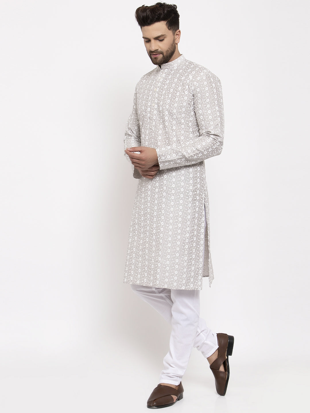 Jompers Men Light Grey Embroidered Kurta with Pyjamas