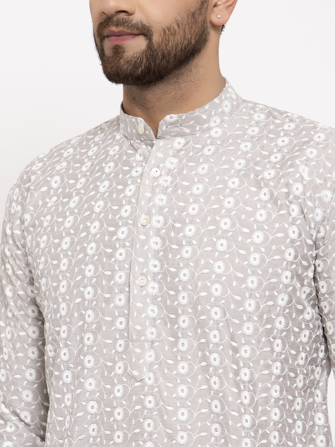 Jompers Men Light Grey Embroidered Kurta with Pyjamas