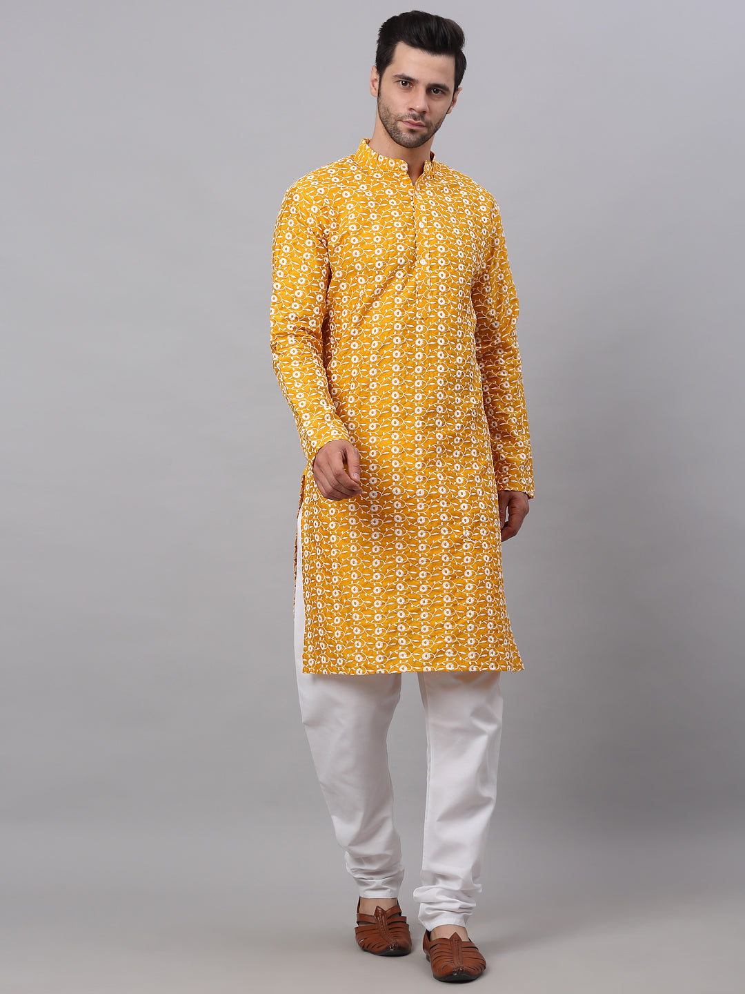 Jompers Men's Mustard Embroidered Kurta with Pyjamas