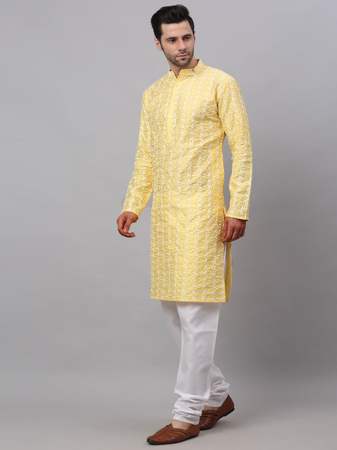 Jompers Men's Emroidered Kurta Payjama Sets - Yellow