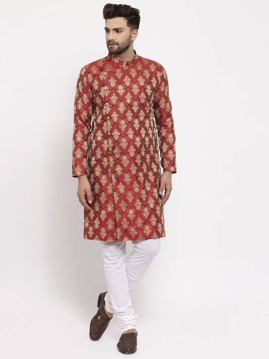 Jompers Men Maroon Jacquard Kurta with Churidar