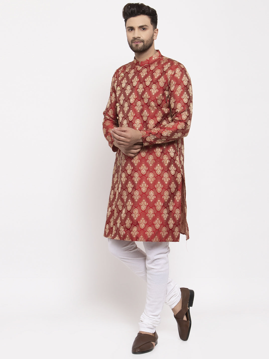 Jompers Men Maroon Jacquard Kurta with Churidar